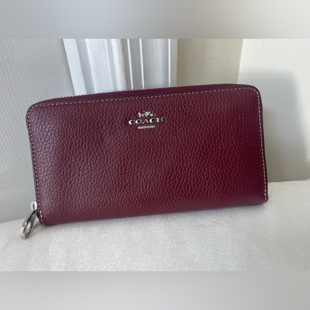 Coach Pebbled Leather Zip Wallet - Wine